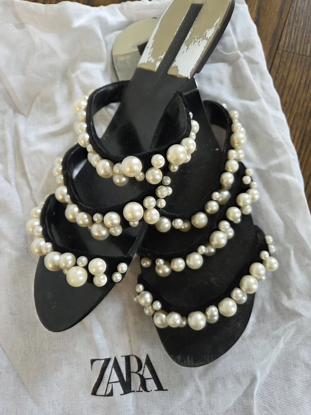 Zara Black Multi-Strap Flat Sandals with Pearl Accents - Picture 2 of 2